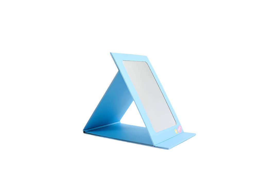 Light blue foldable tabletop mirror with blank reflective panel