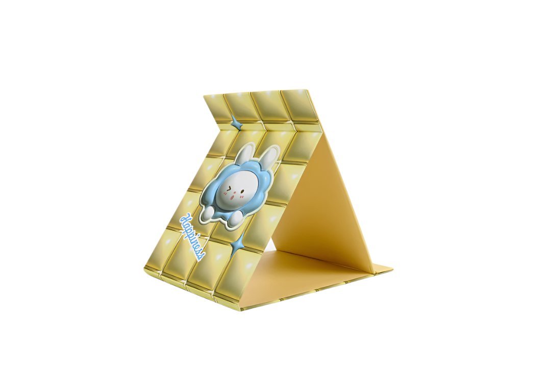Yellow foldable tabletop mirror with bunny character sticker pattern