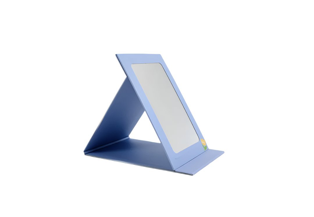 Blue foldable tabletop mirror with blank reflective panel