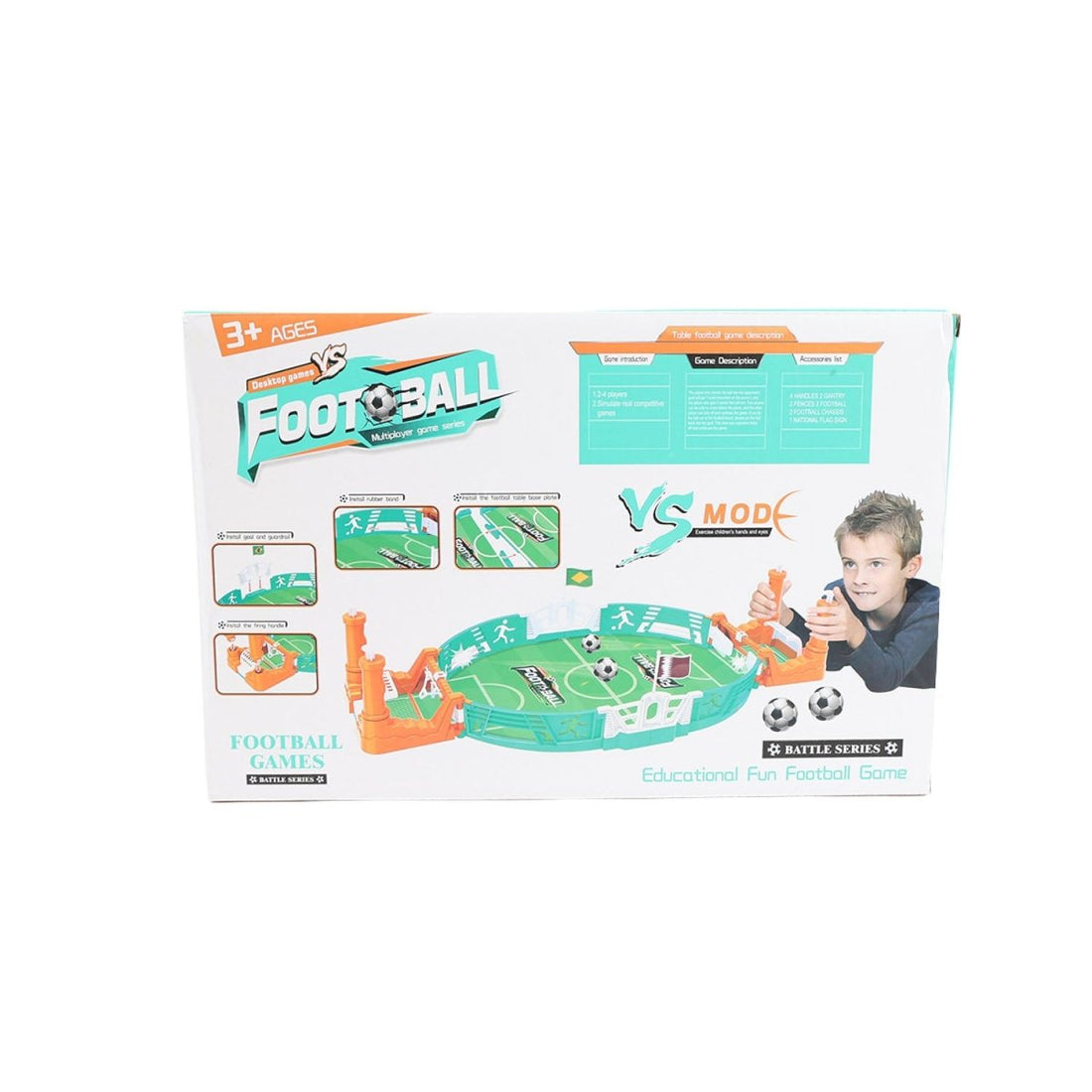 Football desktop game set box back with game panels and illustrated components