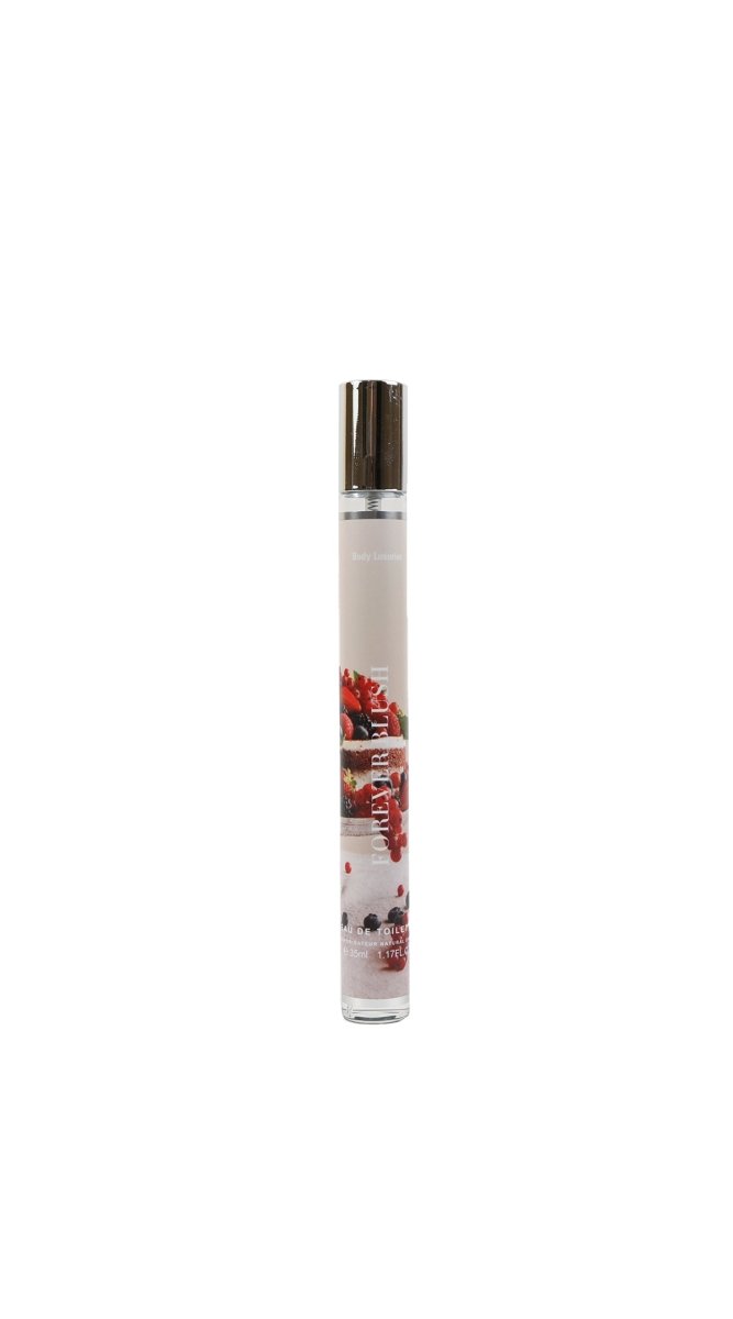 Eau de toilette bottle with metallic top and red floral label on clear glass