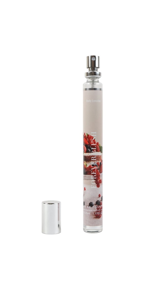 Eau de toilette 35 ml bottle with metallic cap and red floral label, plus cap