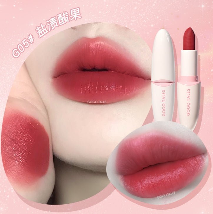 Satin lipstick in red-rose, with matching lips and two lipstick tubes.