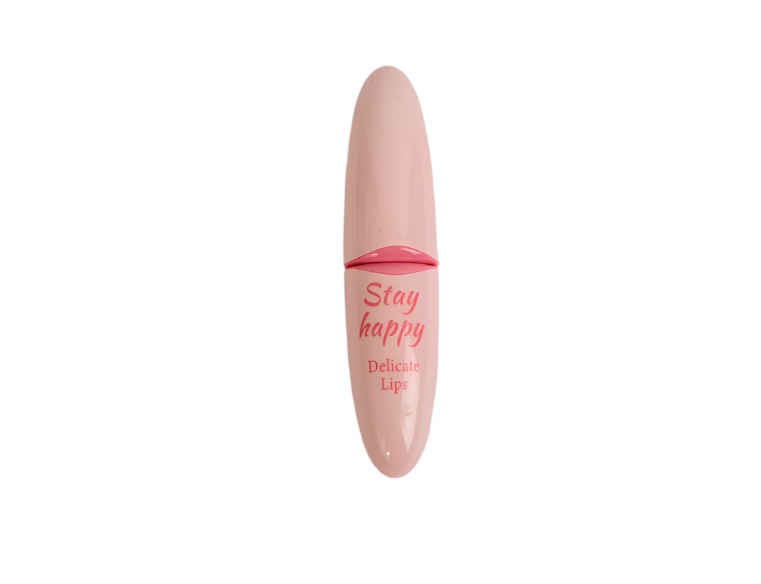 Pink satin lipstick in clear tube with pink cap; Stay happy label.