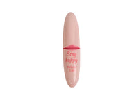 Pink satin lipstick in clear tube with pink cap; Stay happy label.