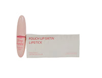 Stay happy satin lipstick with nude-pink barrel beside white box.