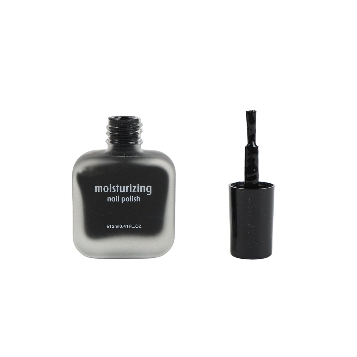 Matte black frosted nail polish set: bottle and open brush applicator
