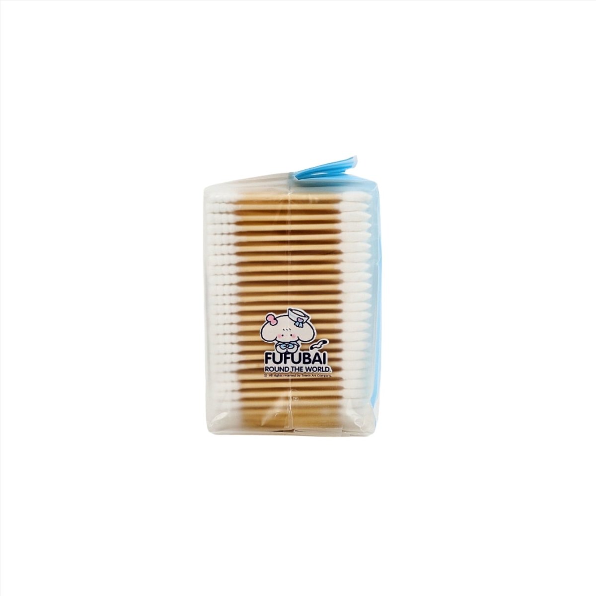 Cotton swab dispenser with blue band, round bundled swabs in clear wrap