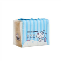 Cotton swabs pack with blue striped wrapper, swab stack side view