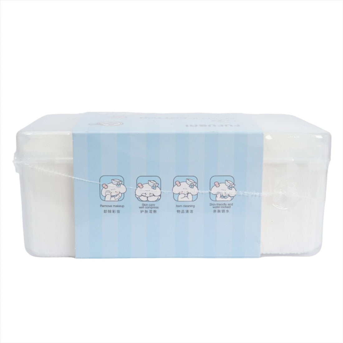 Makeup cotton pads in clear plastic box with light blue label and cute bear print