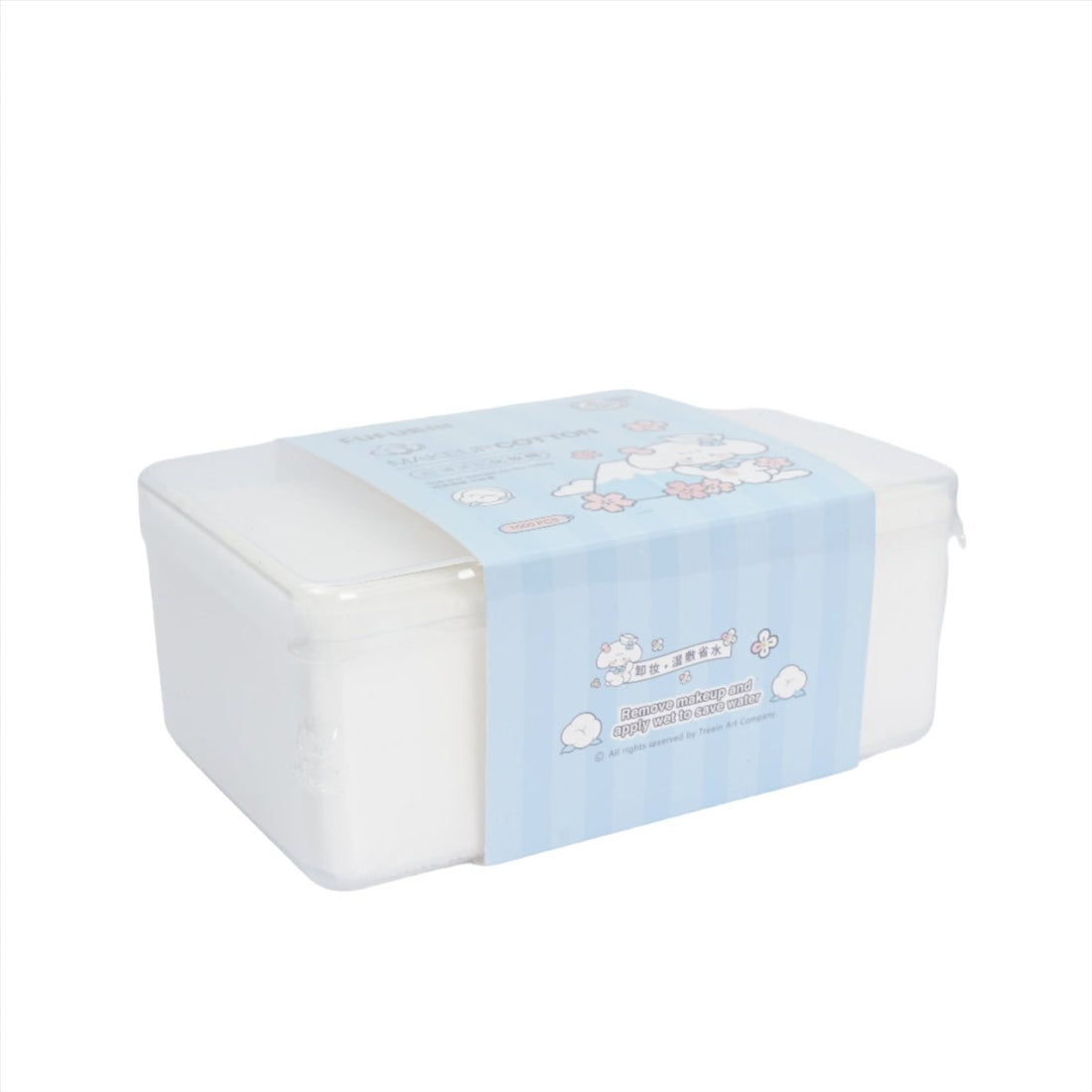 Makeup cotton pads storage box with white wrapped edges and light blue side label