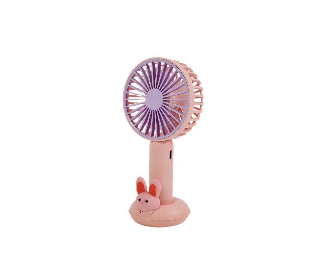 Pink bunny handheld fan with round grille and base stand