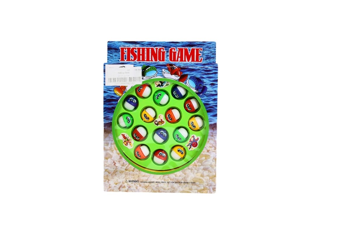 Fishing game box with round fish pond artwork and colorful rods