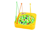 Kids fishing game toy with colorful fishing rods and round fish pond on yellow base