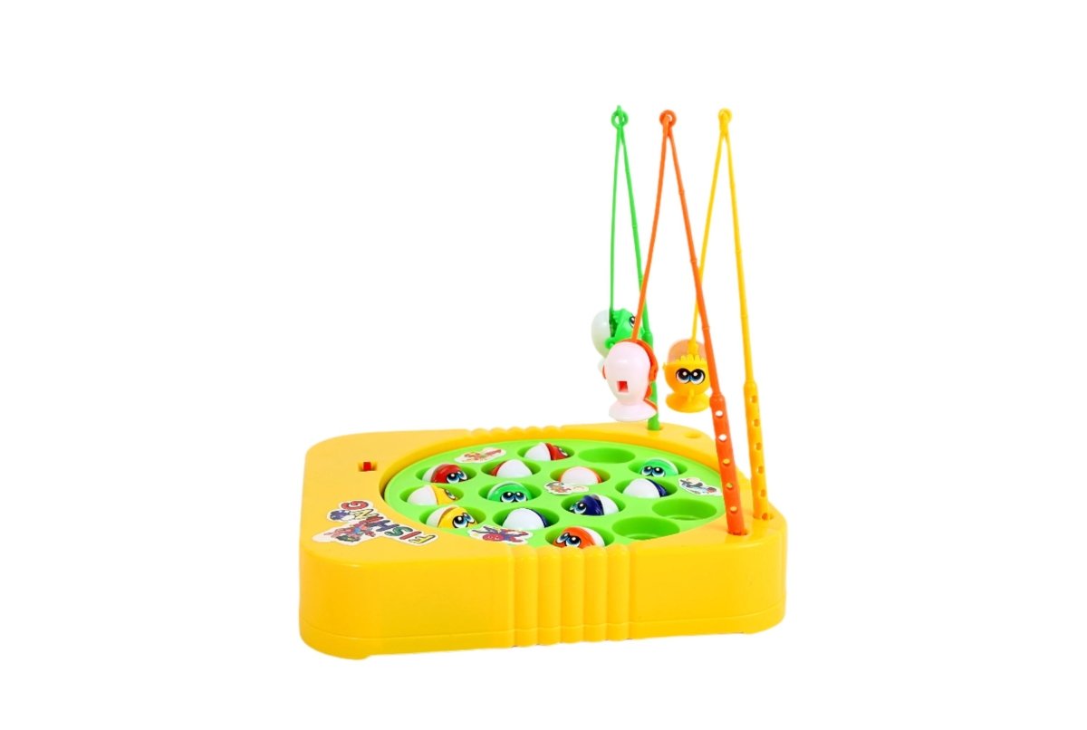Yellow kids fishing game with hinged box base, four rods, and fish cutouts