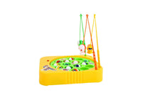 Yellow kids fishing game with hinged box base, four rods, and fish cutouts