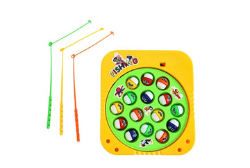 Yellow kids fishing game toy with colorful fish pond and four fishing rods