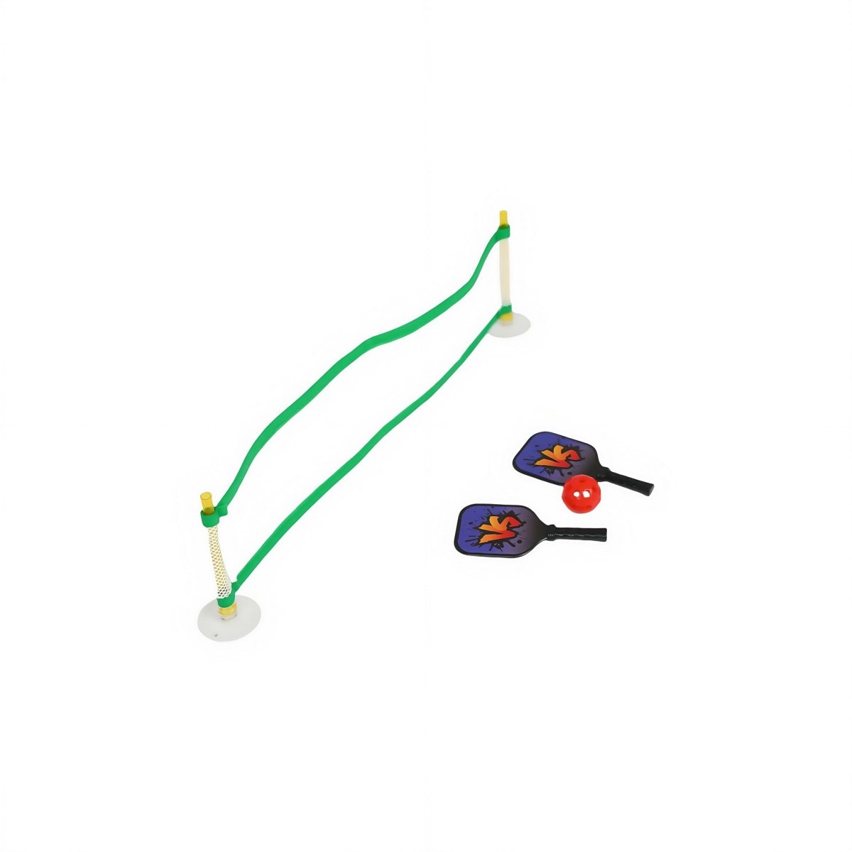 Mini pickleball net with angled purple paddles and red ball