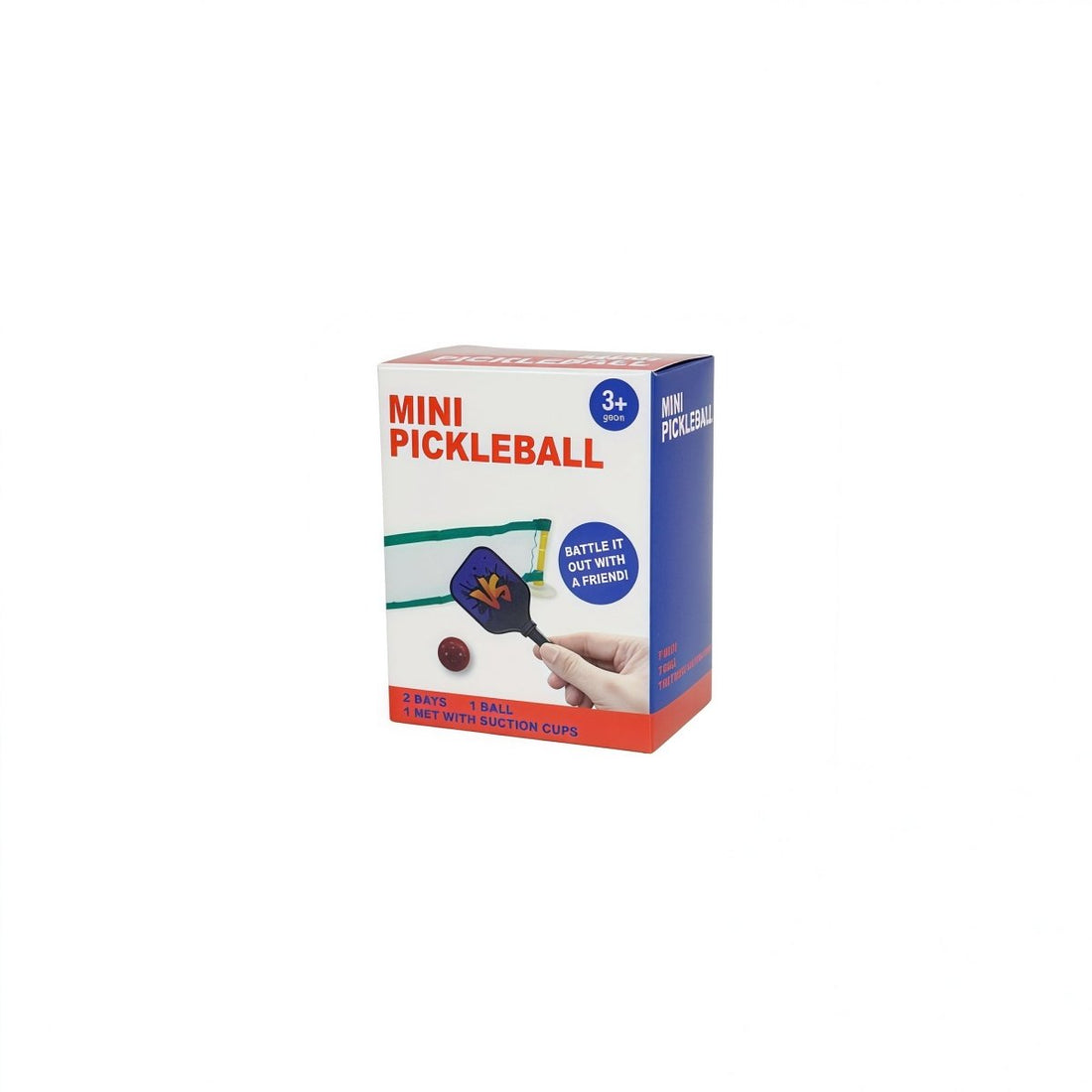 Mini pickleball set box, showing 3+ age and mini pickleball graphics