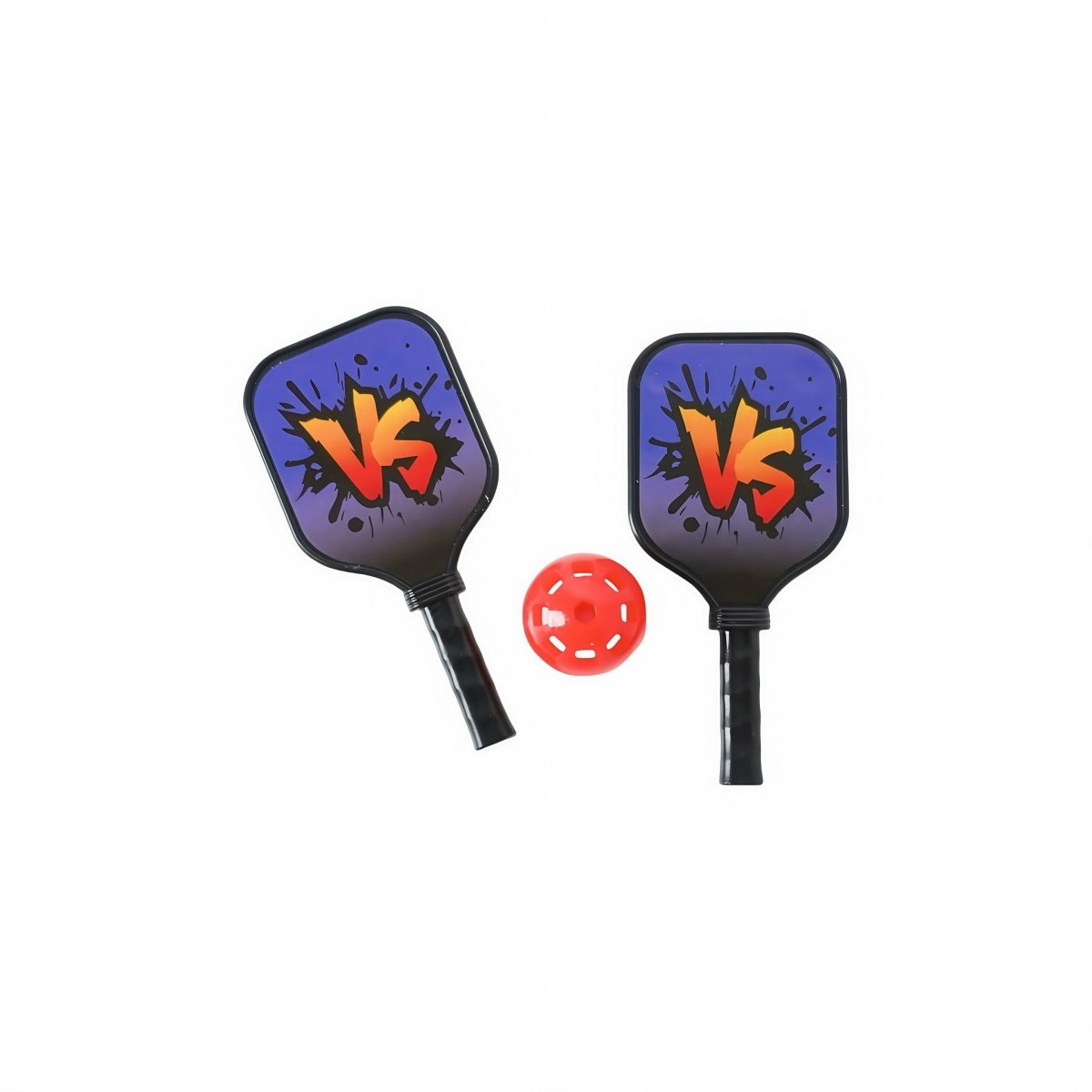 Pair of purple mini pickleball paddles with orange VS logos and red ball