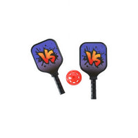 Pair of purple mini pickleball paddles with orange VS logos and red ball