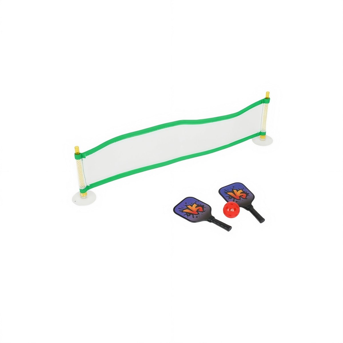 Mini pickleball net with green frame and white corner bases