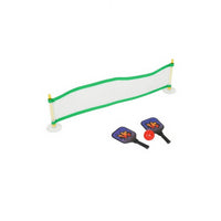 Mini pickleball net with green frame and white corner bases