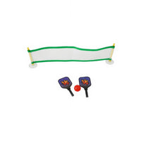 Mini pickleball net with purple paddles and small red ball