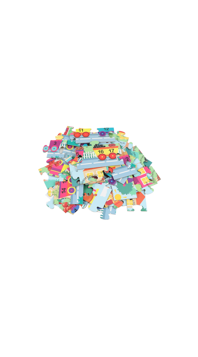 Mixed numbers train puzzle pieces in colorful jigsaw shapes