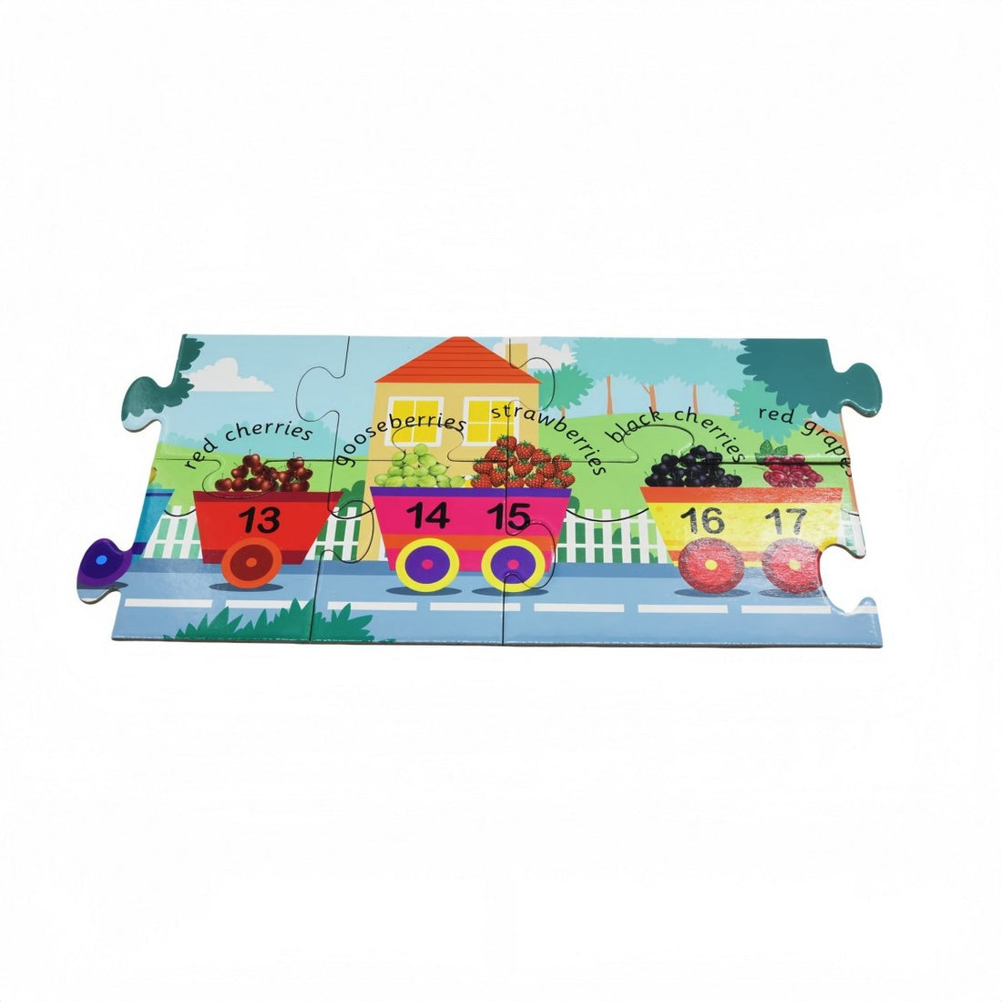 Numbers train jigsaw puzzle pieces with digits 13–17 and fruit illustrations