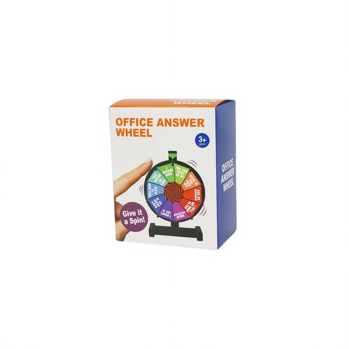 Office answer wheel game box with colorful wheel graphic and black stand