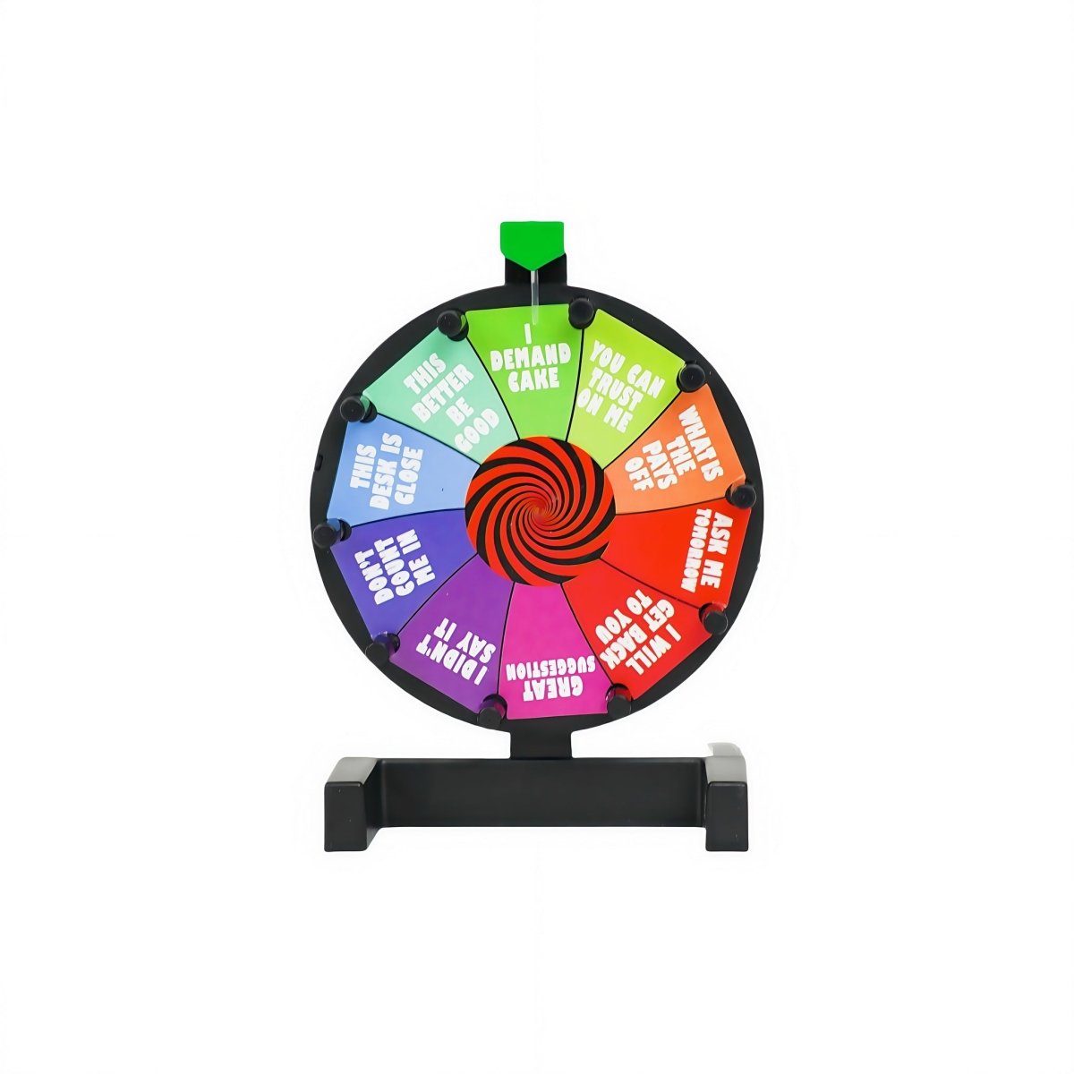 Answer wheel game with multicolor circular spinner and black base stand