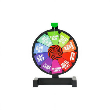 Answer wheel game with multicolor circular spinner and black base stand