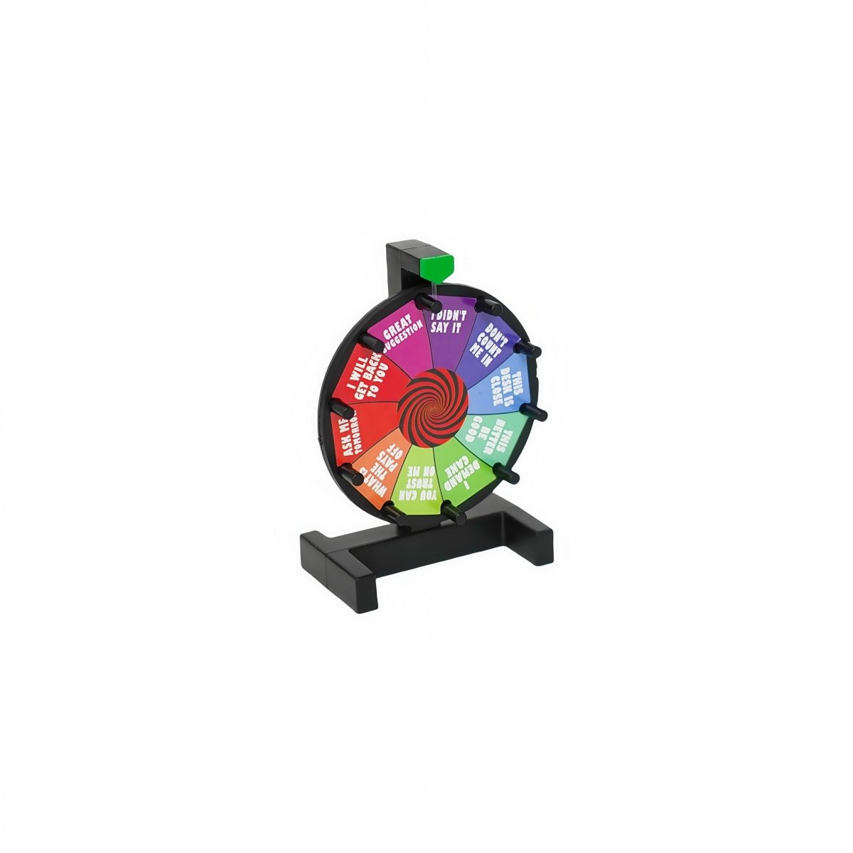 Desktop answer wheel game with black base and multicolor spinning question wheel
