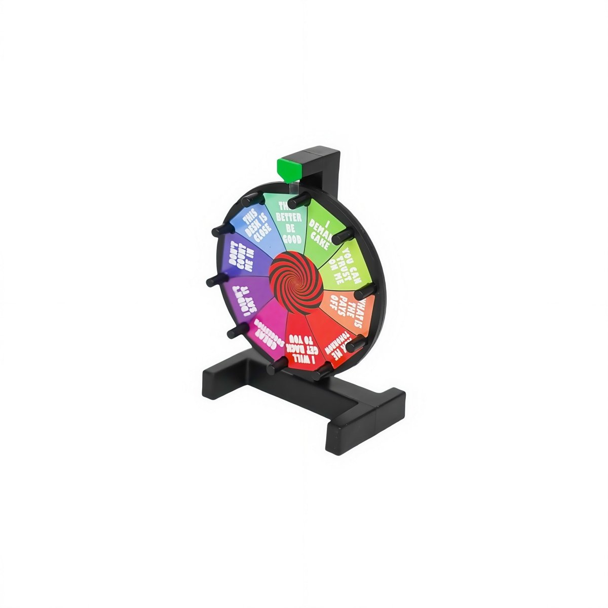 Tabletop answer wheel game with multicolor question wheel and black support stand