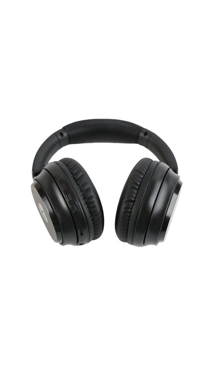 Black over-ear wireless foldable headphones with padded ear cups and headband
