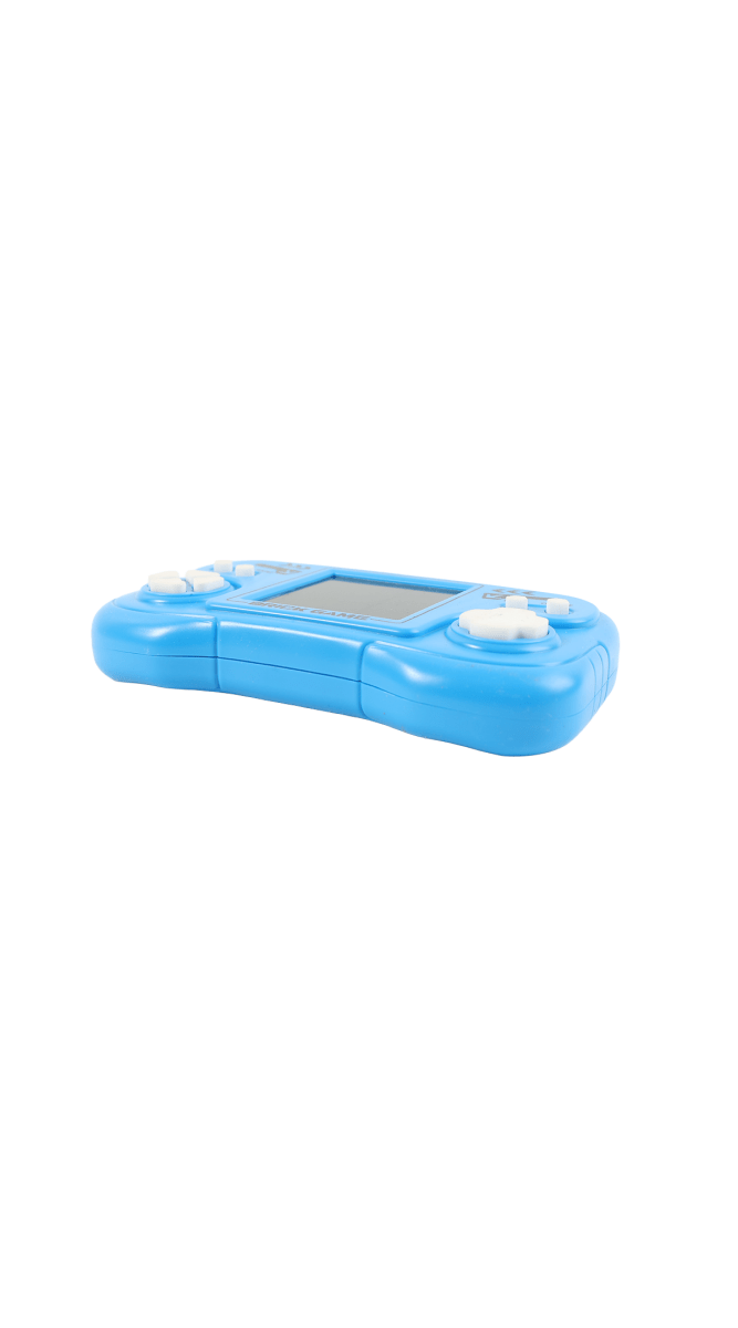 Blue handheld game machine with side controls and screen window