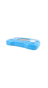 Blue handheld game machine with side controls and screen window
