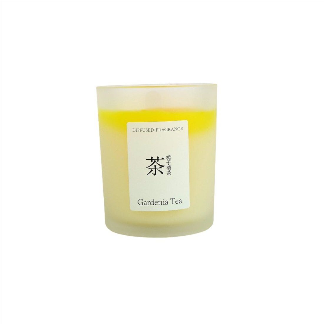 Gardenia tea scented candle in minimal glass jar, front label visible