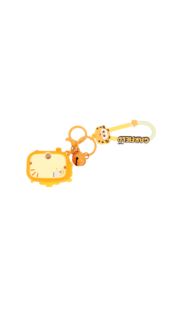 Garfield camera keychain with orange camera charm, small pendant, and split key rings