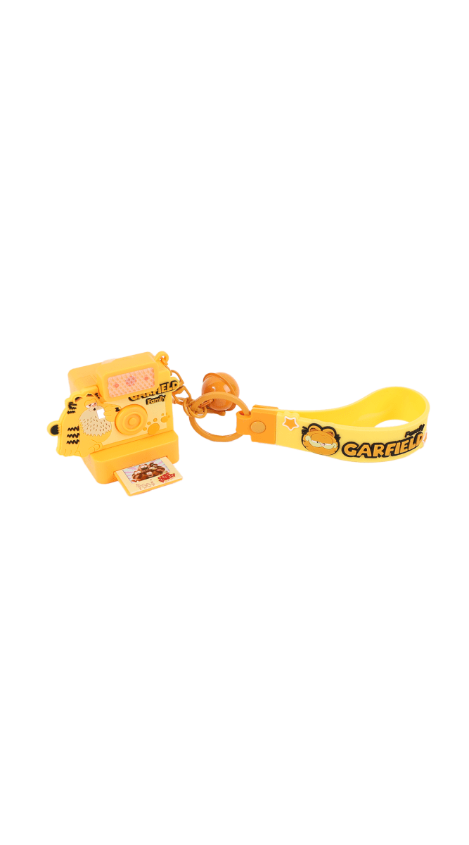 Garfield camera keychain with dangling mini camera charms and yellow strap