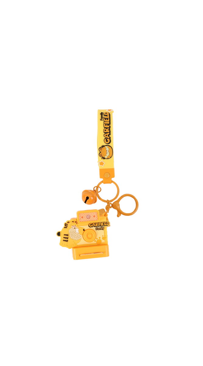 Garfield camera keychain with orange camera charm and metal key ring