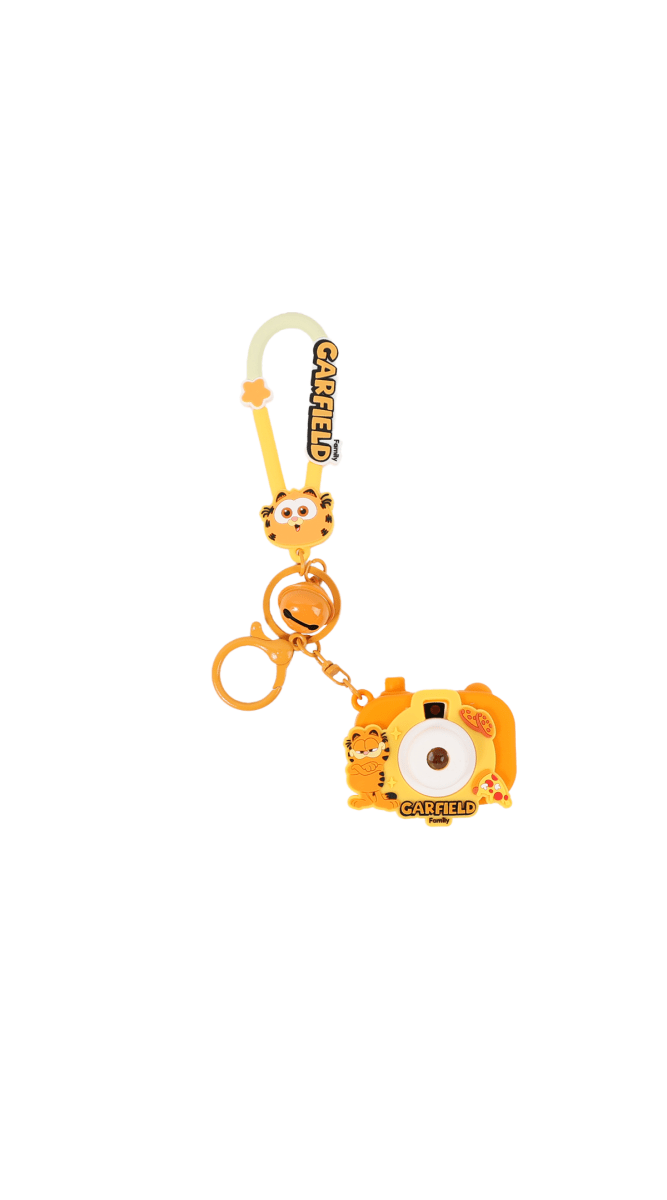 Garfield camera keychain with dangling charms and key ring, orange cat theme
