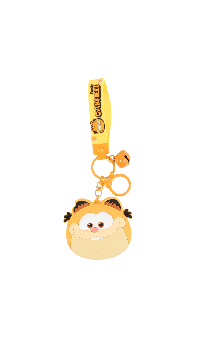 Garfield keychain with orange cat face charm, small tag, and metal key ring