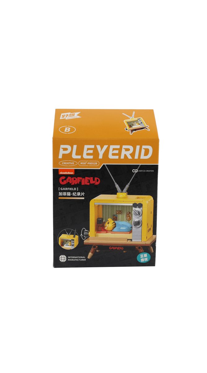 Garfield TV-themed building blocks set box front view with yellow TV frame