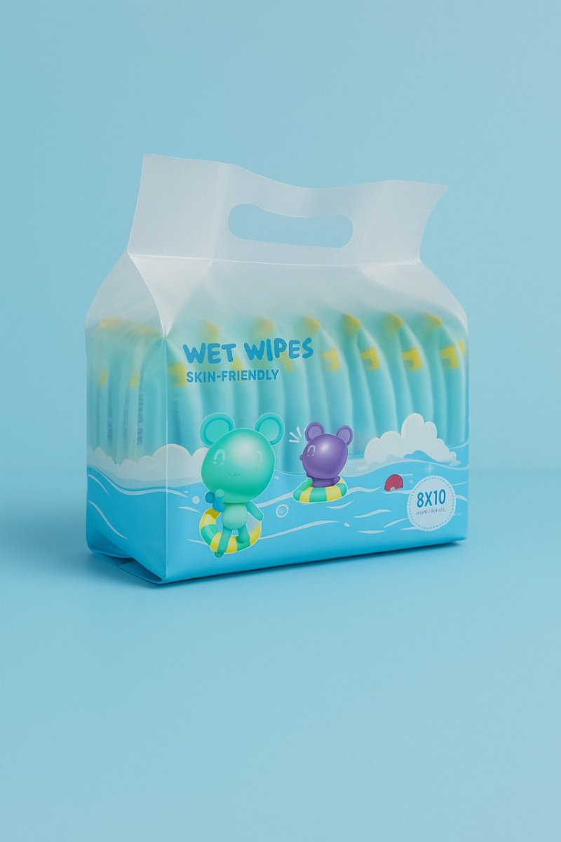 Blue baby wet wipes pack, 8x10, with flip-top and cartoon animal graphics