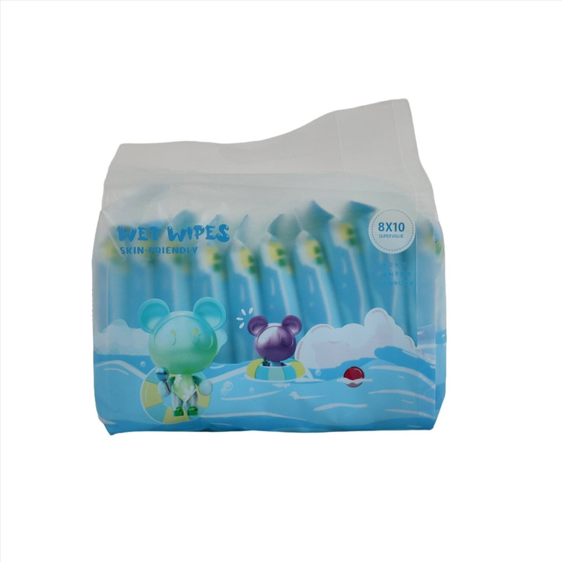 Blue baby wet wipes pack, 8x10, front label with 'Wet Wipes' and cartoon animals