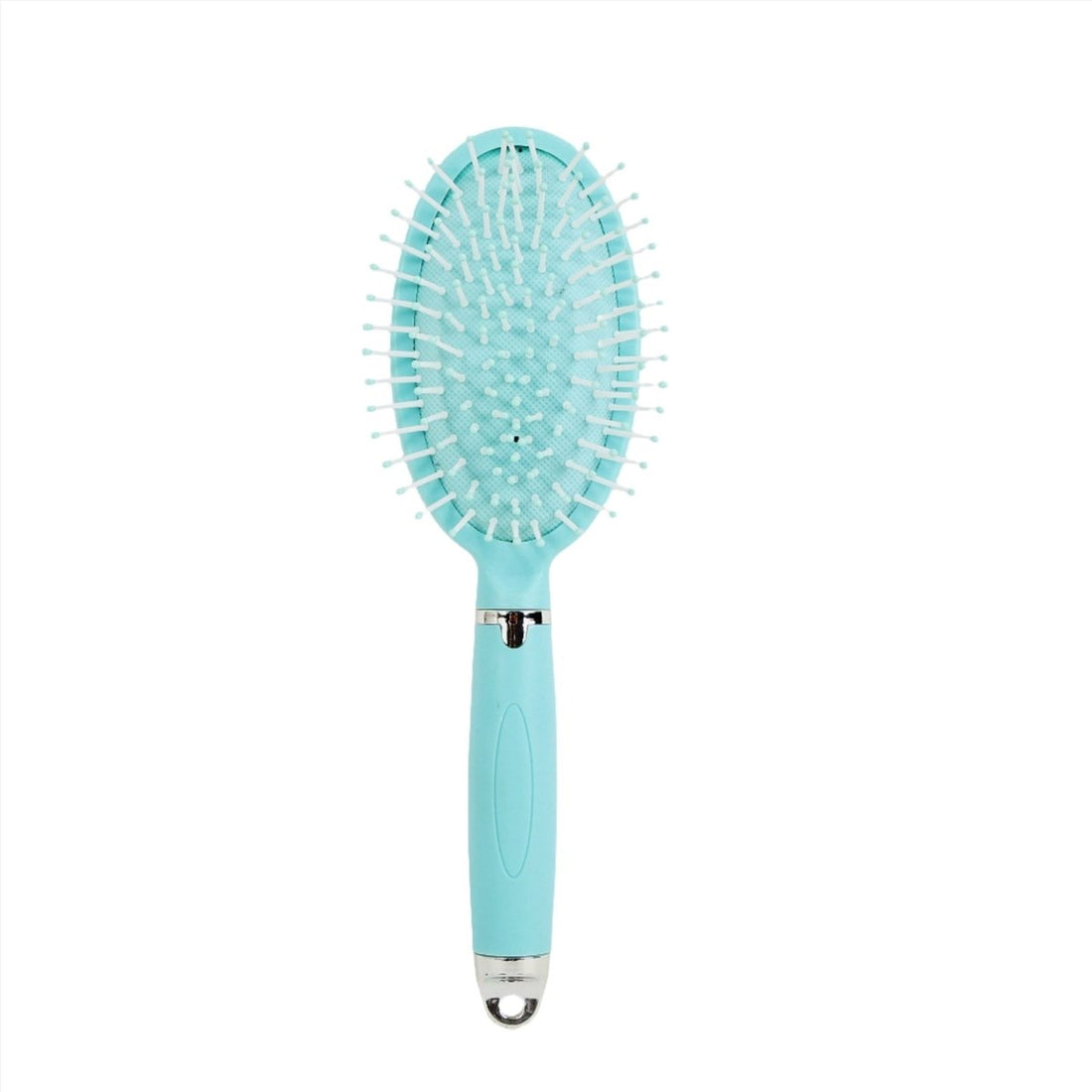 Plastic hair brush with oval pad, light blue handle and bristles.