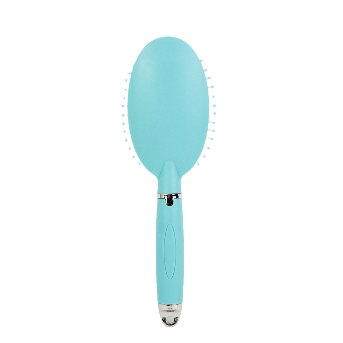 Plastic hair brush with oval light blue head and handle, silver base detail.