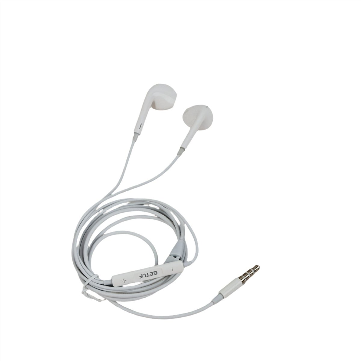 White 3.5mm audio earbuds with coiled cable, earbuds angled upward